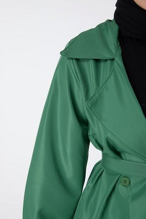 Зеленый женский тренч с прямым рубашечным воротником — 23109
