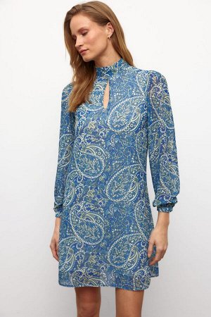Шифоновое платье с длинными рукавами и принтом на подкладке - синее с рисунком