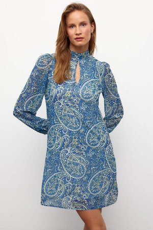 Шифоновое платье с длинными рукавами и принтом на подкладке - синее с рисунком