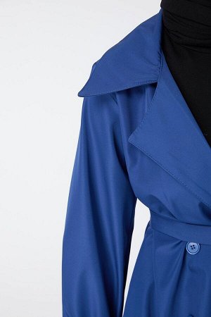 Женский синий плащ с прямым рубашечным воротником — 23109