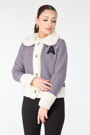 Женская плюшевая куртка с сиреневым принтом и простым рубашечным воротником — 13096