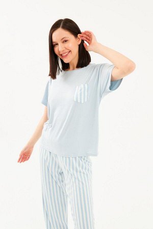 Женская синяя футболка в полоску цвета экрю с карманом и круглым вырезом, пижамный комплект с длинным низом