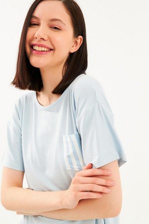 Женская синяя футболка в полоску цвета экрю с карманом и круглым вырезом, пижамный комплект с длинным низом