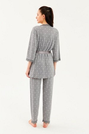 Женский серый пижамный комплект из трех предметов с длинным низом, рукавом три четверти и веревочным ремнем в горошек