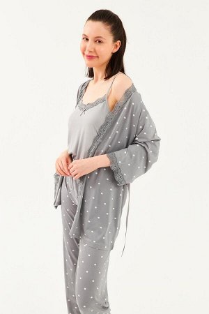 Женский серый пижамный комплект из трех предметов с длинным низом, рукавом три четверти и веревочным ремнем в горошек
