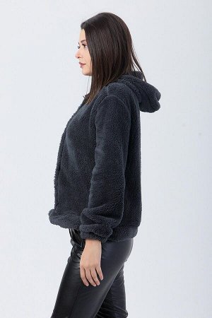 Женская куртка с однотонным воротником с капюшоном антрацитового цвета — 13047