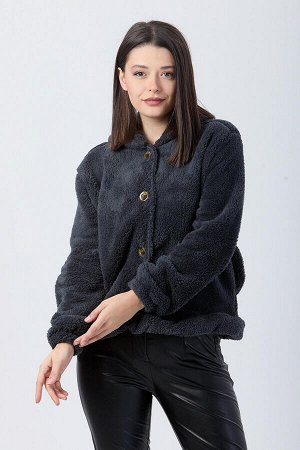 Женская куртка с однотонным воротником с капюшоном антрацитового цвета — 13047