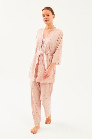 Женский пудровый пижамный комплект из трех предметов с длинным низом и двусторонним веревочным ремнем с рукавами три четверти