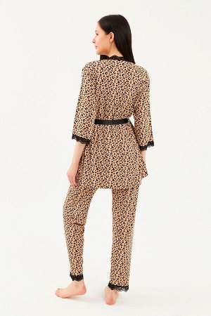 Женский черный леопардовый пижамный комплект из трех предметов с длинным низом и веревочным ремнем с рукавами три четверти