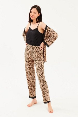 Женский черный леопардовый пижамный комплект из трех предметов с длинным низом и веревочным ремнем с рукавами три четверти