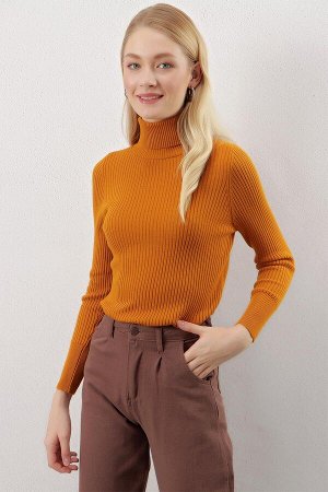 Женская светло-коричневая водолазка в рубчик, базовый трикотаж, свитер