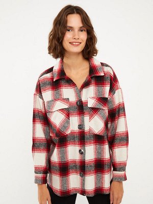 Фланелевая женская куртка-рубашка большого размера в клетку с длинными рукавами