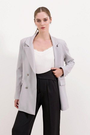 Женский серый пиджак в полоску с двумя пуговицами 0699