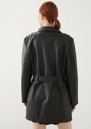 Женская черная длинная кожаная куртка-пальто