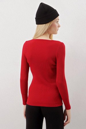 Женский бордовый, красный, с квадратным вырезом, базовый трикотаж в рубчик, свитер
