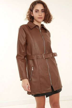 Женская коричневая длинная кожаная куртка-пальто
