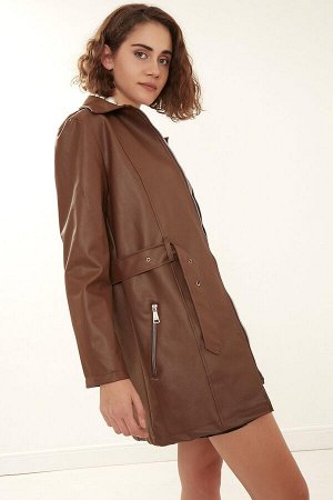 Женская коричневая длинная кожаная куртка-пальто