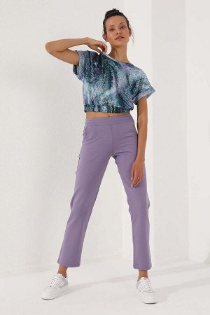 Фиолетовый женский спортивный костюм с карманом и высокой талией удобной формы, классический низ - 94584