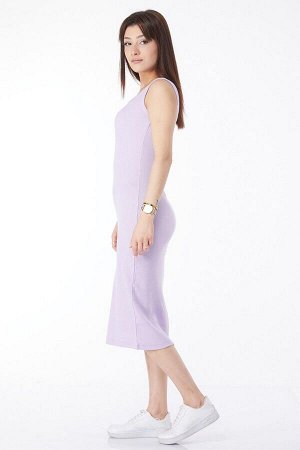 Женское сиреневое платье миди из лайкры с прямым вырезом с круглым вырезом и толстыми бретелями - 24527