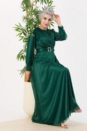 Прямое женское зеленое вечернее платье среднего размера — 11005