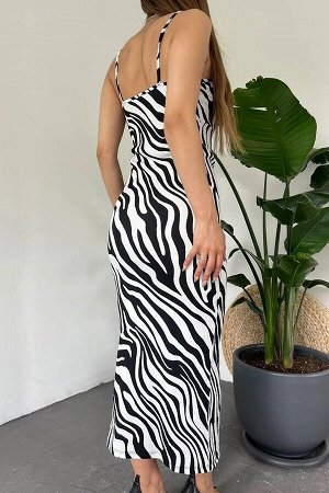 Женское летнее платье с запахом и глубоким разрезом на бретельках и рисунком зебры