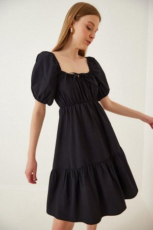Женское черное платье из поплина с расклешенным воротником и эластичной резинкой на талии HZL22S-BD123511