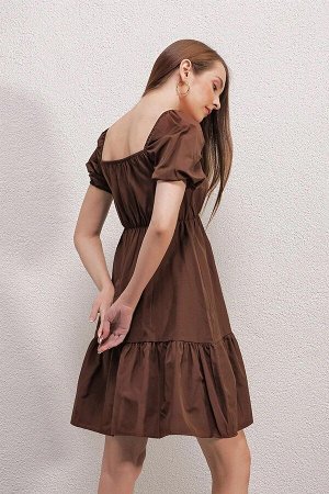 Женское коричневое платье из поплина с расклешенным воротником и эластичной резинкой на талии HZL22S-BD123511