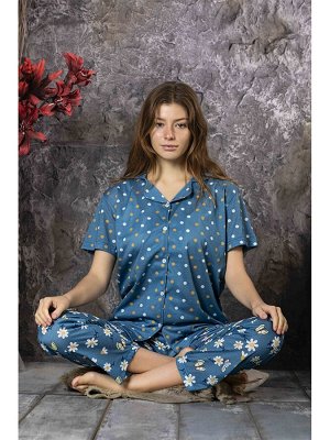 Женский пижамный комплект с воротником рубашки