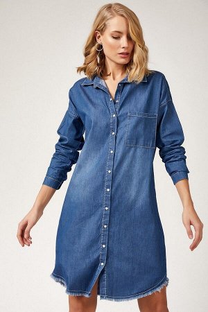 Женская синяя юбка, джинсовое платье с карманами и кисточками
