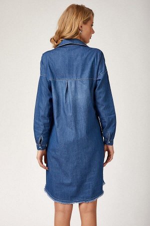 Женская синяя юбка, джинсовое платье с карманами и кисточками