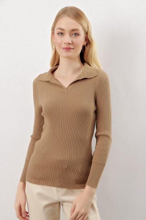 Женский норковый свитер с воротником-поло в рубчик, базовый трикотаж