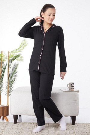 Женский черный однотонный пижамный комплект с длинным рукавом и однотонным рубашечным воротником — 24596