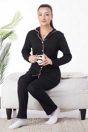 Женский черный однотонный пижамный комплект с длинным рукавом и однотонным рубашечным воротником — 24596