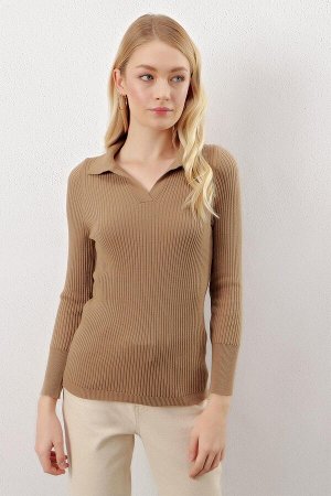 Женский норковый свитер с воротником-поло в рубчик, базовый трикотаж