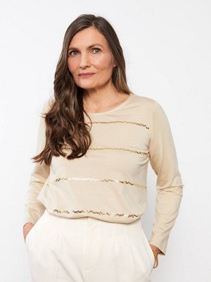 Женская футболка с длинным рукавом и круглым вырезом, расшитая пайетками