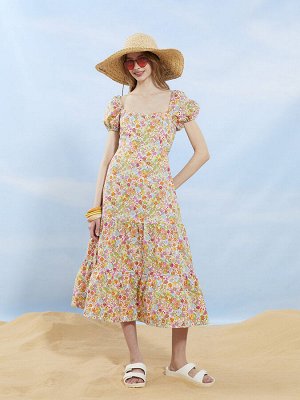 Женское пляжное платье из поплина с U-образным вырезом и цветочным принтом с воздушными рукавами