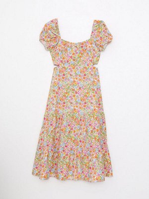 Женское пляжное платье из поплина с U-образным вырезом и цветочным принтом с воздушными рукавами