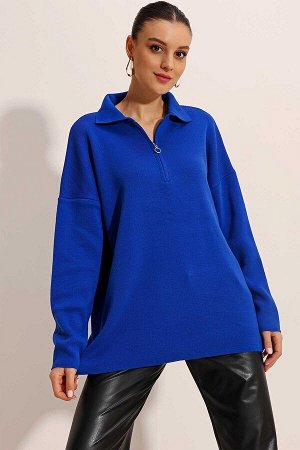Женский синий трикотажный свитер на молнии с воротником-поло Saks большого размера