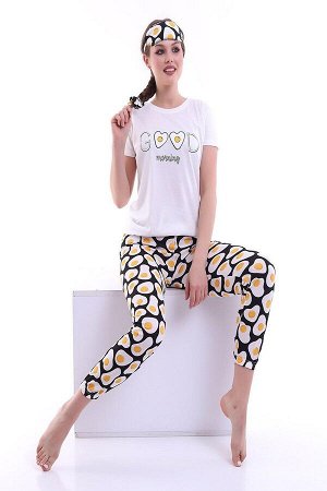 Женский пижамный комплект с короткими рукавами и принтом Good Morning с белой лентой для сна