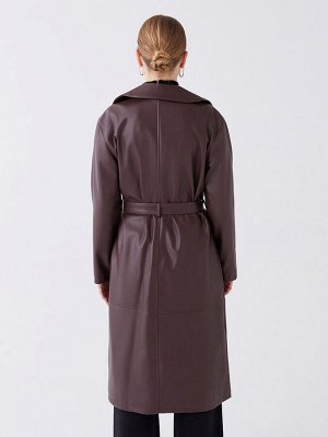Однотонное женское кожаное пальто с длинным рукавом и воротником-жакетом