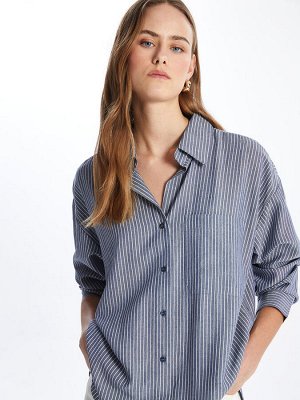 Полосатая женская рубашка оверсайз из смесового льна с длинным рукавом