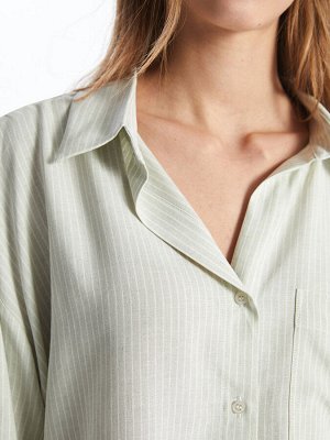 Полосатая женская рубашка оверсайз из смесового льна с длинным рукавом