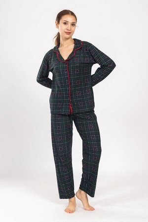 Женская замшевая пижама на пуговицах с воротником-рубашкой в клетку 1402
