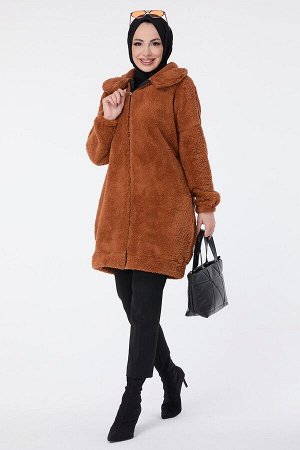 Женское светло-коричневое плюшевое пальто с прямым рубашечным воротником — 13009