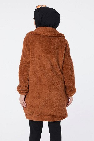 Женское светло-коричневое плюшевое пальто с прямым рубашечным воротником — 13009