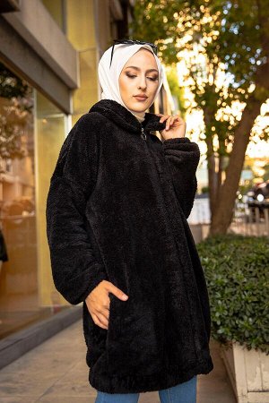 Женское черное плюшевое пальто с однотонным рубашечным воротником — 13009