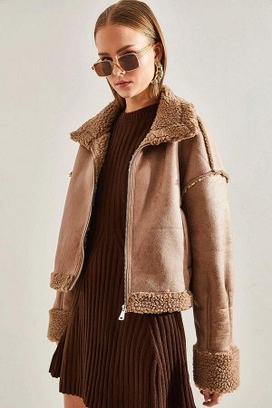 Женское пальто со складками на рукавах из ламинированной коры дерева 2335 60101004