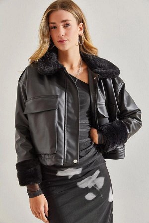 Женское кожаное пальто с карманами и сильфоном