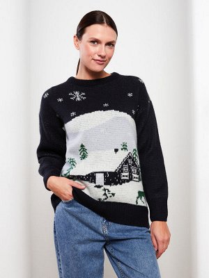 Женский вязаный свитер с длинным рукавом на новогоднюю тематику