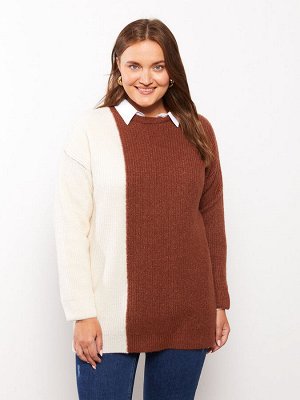Женский трикотажный свитер больших размеров с круглым вырезом и длинными рукавами с цветными блоками